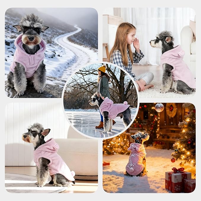 FOFOS Dog Winter Coat, Plush Dog Jacket with Leash Hole, Adjustable Warm Pet Snow Vest for Small Medium Dogs, Pink, S