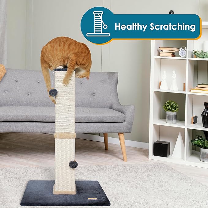 Pawbee 32" Cat Scratching Post Tower with Jingle Bells and Plush Balls, Sisal Tower with Larger Base for Better Stability, Beige