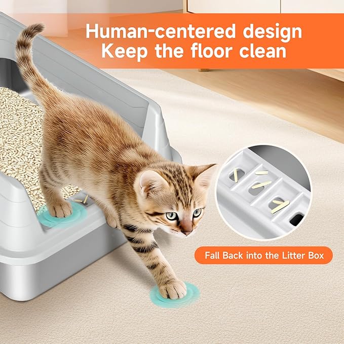 Stainless Steel Cat Litter Box, Odor Free Metal Litter Box with High Sides Lid, Open Top Low Entry Litter Pan Include Scoop Easy Cleaning Anti-Scratch Kitty Cat Box Anti-Urine Leakage, Non-Sticky