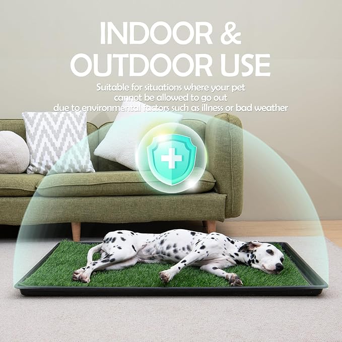 MEEXPAWS Dog Grass Pee Pads for Dogs with Tray | Medium 31×21 in | 2× Dog Artificial Grass Pads Replacement| Rapid Drainage | Indoor Litter Box | Hemmed Edge