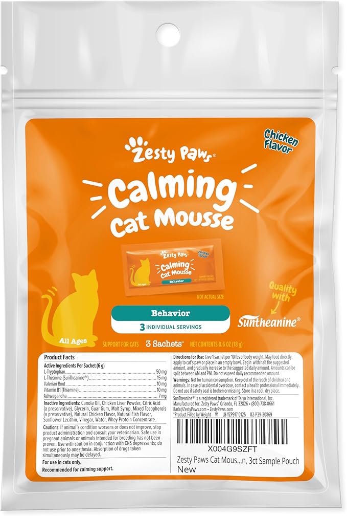 Zesty Paws Calming Mousse for Cats - Composure & Relaxation for Stress & Separation - Cat Supplement with Ashwagandha, L-Theanine, Valerian Root & Vitamin B1-3ct