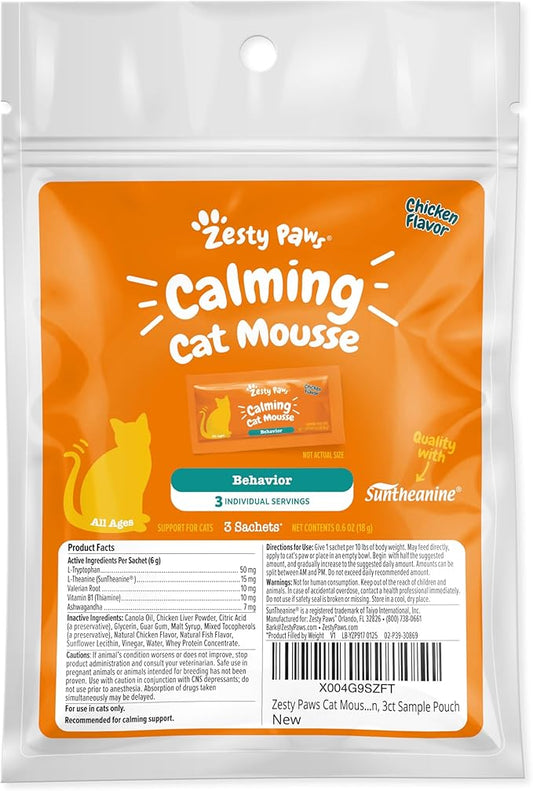 Zesty Paws Calming Mousse for Cats - Composure & Relaxation for Stress & Separation - Cat Supplement with Ashwagandha, L-Theanine, Valerian Root & Vitamin B1-3ct