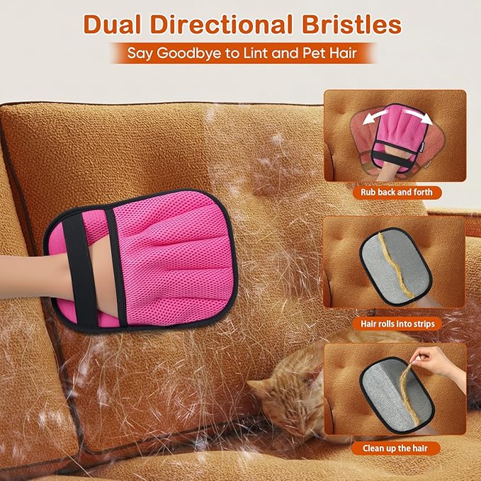 2Pcs Pet Hair Removal Gloves for Cats & Dogs: Upgraded Five-Finger Electrostatic Magic Brush | Reusable Pet Fur Remover Glove for Laundry, Couch, Carpet, Car Seats, Furniture & Clothing (Pink)