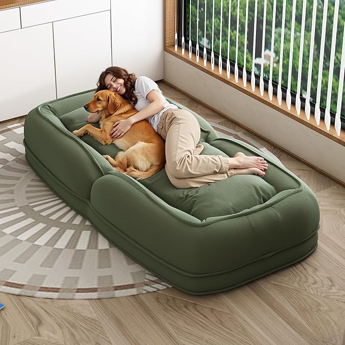 KEIKI Corduroy Human Size Dog Bed, Oversized Foldable Human Dog Bed for Adults and Pets, Adjustable Lounge Sofa Bed with Cushions, Giant Dog Bed for Humans, Green