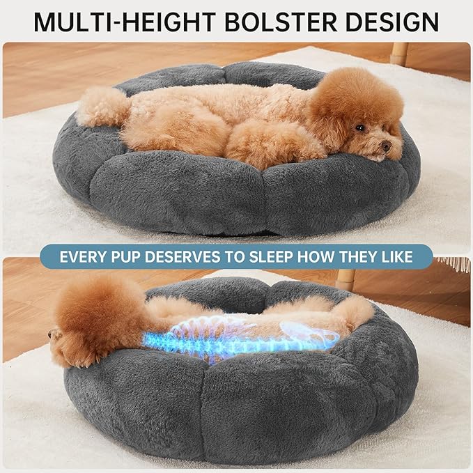 OhGeni 24 inches Calming Donut Dog & Cat Bed for Small Pets, Warming Comfort Fluffy Short Pile Fur, Durable Machine Washable Round Bed, Cute Round Bed for Puppy and Kitten, Dark Gray