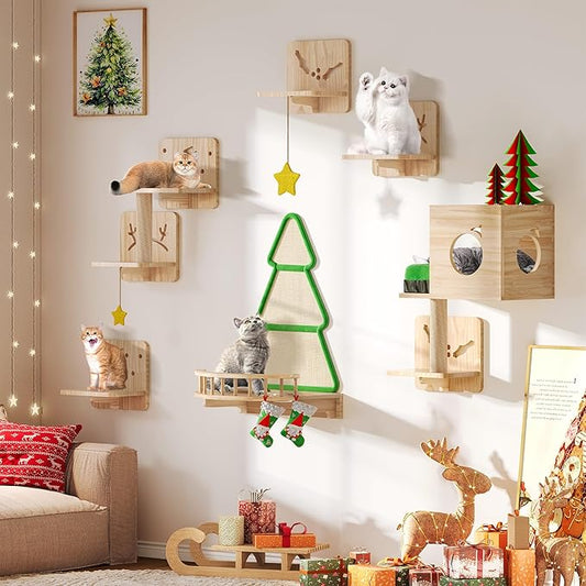 Cat Wall Shelves, 15-in-1 Solid Wood Wall-Mounted Cats Furniture Set with Scratching Post, Cat Climbing Wall Systems with Condos, House, Steps, Cushion, Small Bowl, Cats Shelf Furniture