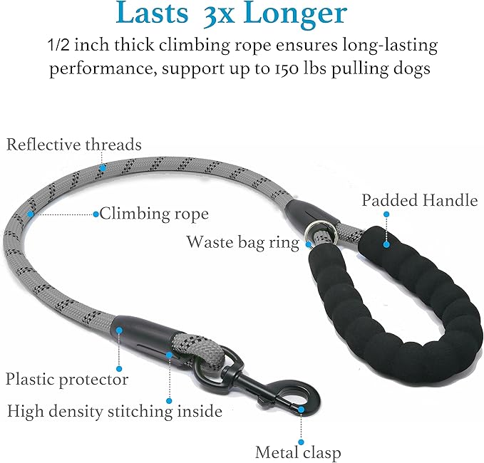 iYoShop Dual Dog Leash - 360° Swivel, No Tangle Walking Leash with Shock Absorbing Bungee for Two Dogs (Large, 25-150 lbs, Grey)