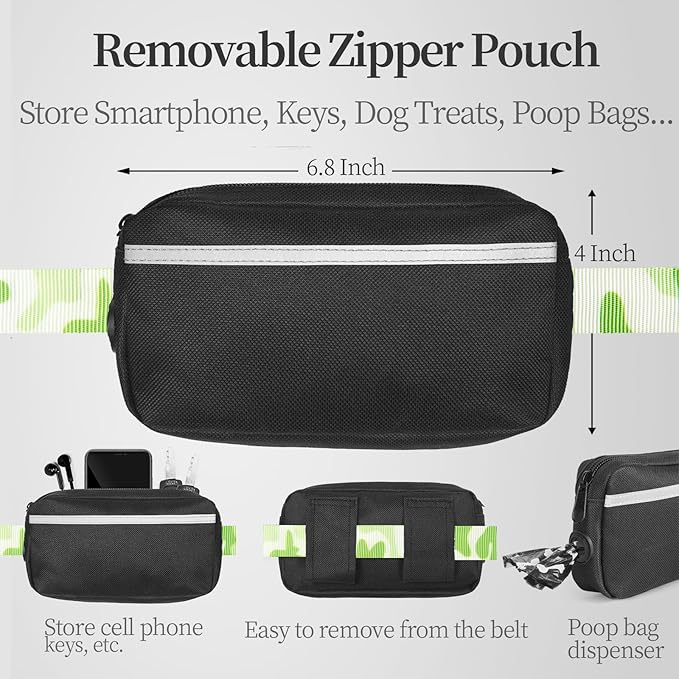 iYoShop Hands Free Dog Leash with Zipper Pouch, Dual Padded Handles and Durable Bungee for Walking, Jogging and Running Your Dog (White-Green Mix, Large)