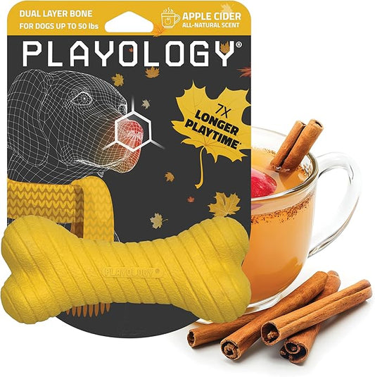 Playology Dog Toys | Dual Layer Bone Durable Chew Toy Bone for Dogs | Medium Apple Cider Scented Toy - Limited Edition Fall Scent | Easy to Clean and Made from Non Toxic Materials