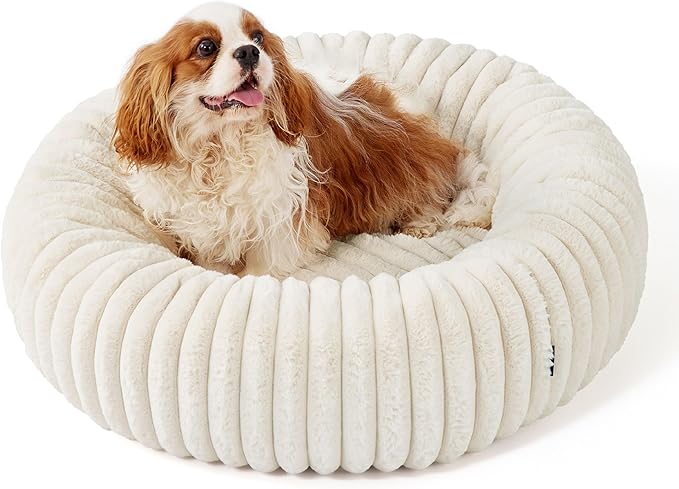 Bedsure Donut Medium Dog Bed - Washable Faux Fur with Corduroy Fleece & Anti Slip Bottom, Round Pet Bed with Removable Cover, Cream, 30x30x8 inches