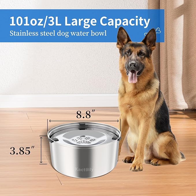 Kactoily 3L/101oz Large Capacity Dog Water Bowl Stainless Steel No Spill Dog Bowls Slow Drinking Dog Water Feeder Dispenser