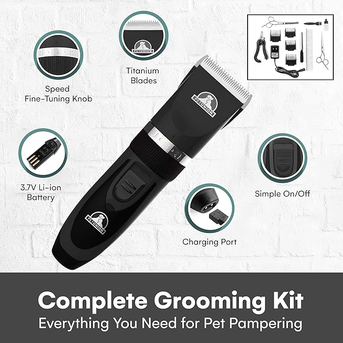 Pet Union Professional Dog Grooming Kit - Cordless Low Noise Dog Clippers for Grooming Thick Coats - All Pet Safe Cat Hair Trimmer - Pet Grooming Kit Includes Dog Hair Clippers, Nail Trimmer & Shears