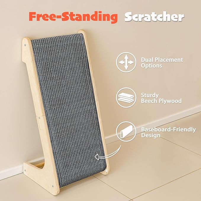 PETKARAY L Shape Cat Scratcher, Sisal Kitty Scratching Ramp, Vertical Scratch Pad for Indoor Cats, 25.2" Furniture Protector with Catnip, Grey