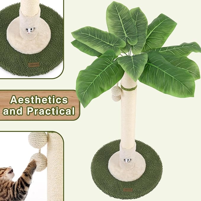 Cat Scratching Post for Indoor Cats and Kitten - 35.43" Tall Cat Scratching Post with Sisal Rope,Palm Tree Cat Scratch Post with Hanging Ball (35.4-White, 35.4in)