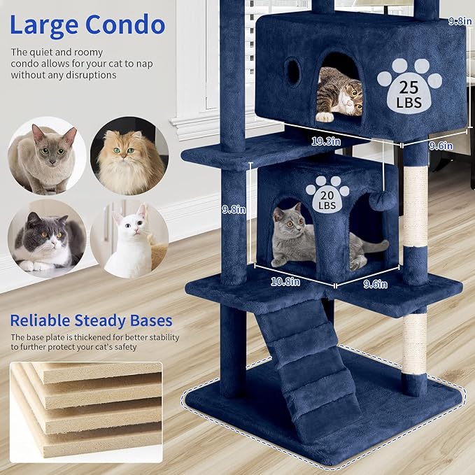 PayLessHere Cat Tree 54in Cat Tower with Cat Scratching Post, Multi-Level Cat Condo Stand House Furniture Kitty Activity Center with Furry Ball Toys for Indoor Cats (Navy Blue)