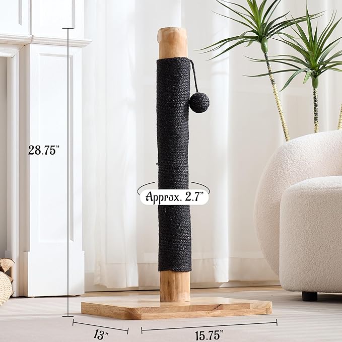 29" Tall Cat Scratching Post for Indoor Cats Adults, Extra-Stable & Natural Solid Wood Scratching Post Sisal Scratcher with Hanging Funny Ball, Black