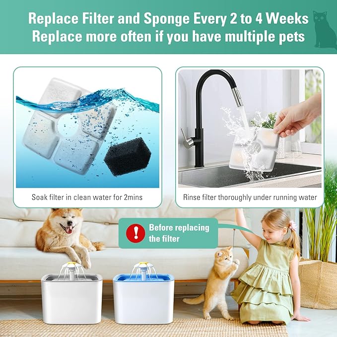 12 Pack Replacement Filters & Pre-filter Sponges for 84oz/2.5L Automatic Pet Fountain, BFLICROY Cat Water Fountain Filter, Triple Filtration Pet Fountain Replacement Filters