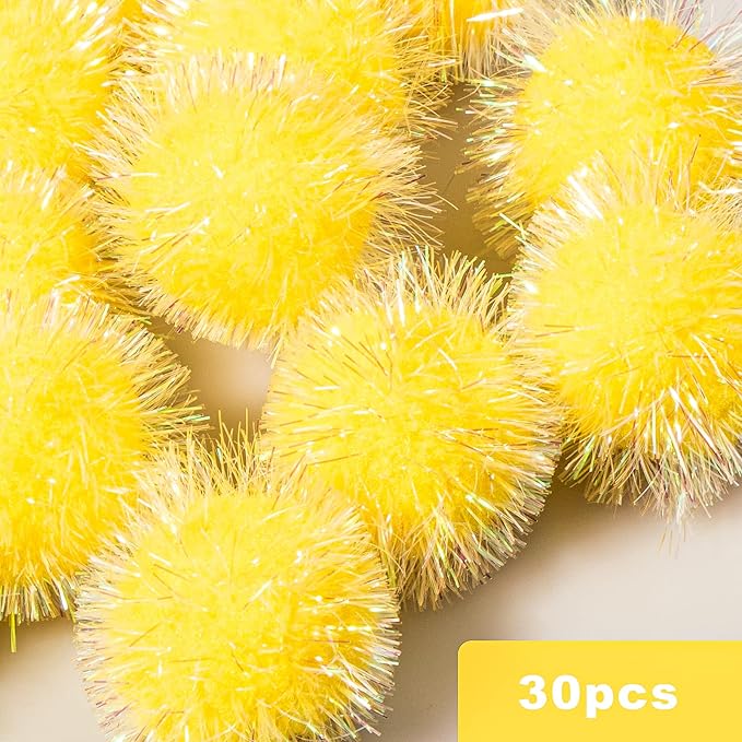 VAPKER 30 Pcs Cat Ball Toys Sparkle Balls Extra Large 2 Inch Cat's Favorite Chase Glitter Ball Glitter Tinsel Pom Poms Balls Yellow Color