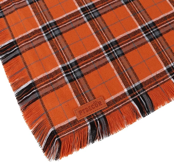 PTDECOR Fall Dog Bandanas with Tassels Edges, Orange and Brown Plaid Scarf Bib, Halloween Thanksgiving Autumn Pet Bandana, Reversible Triangle Bandanas for Extra Large Dogs (X-Large)