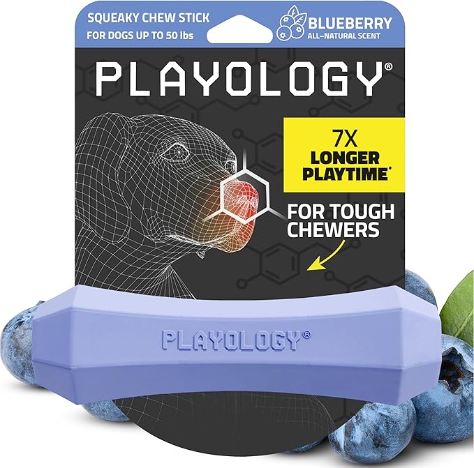 Playology Dog Toys | Durable Squeaky Chew Stick for Dogs | Medium Blueberry Scented Toy - Easy to Clean and Made from Non Toxic Materials