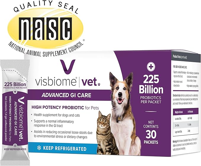 Visbiome® Vet Advanced GI Care High Potency Probiotic for Dogs & Cats – 225B CFU, 8-Strain Formula – Refrigerated, Veterinarian Recommended, Clean Label Certified – 30 Packets