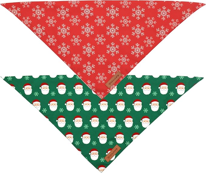 Realeaf Christmas Dog Bandanas 2 Pack, Snowflake and Santa Claus Dog Scarf for Boy and Girl, Premium Durable Fabric, Holiday Red and Green Bandana for Small and Medium Dogs Cats Pets (Small)