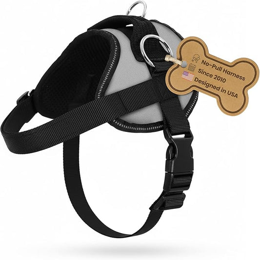 Bark Appeal Gray No-Pull Dog Harness for Medium to Large Sized Pets – Adjustable, Reflective Vest with 3 Leash Clips for Added Control, Easy Walks & Training – L