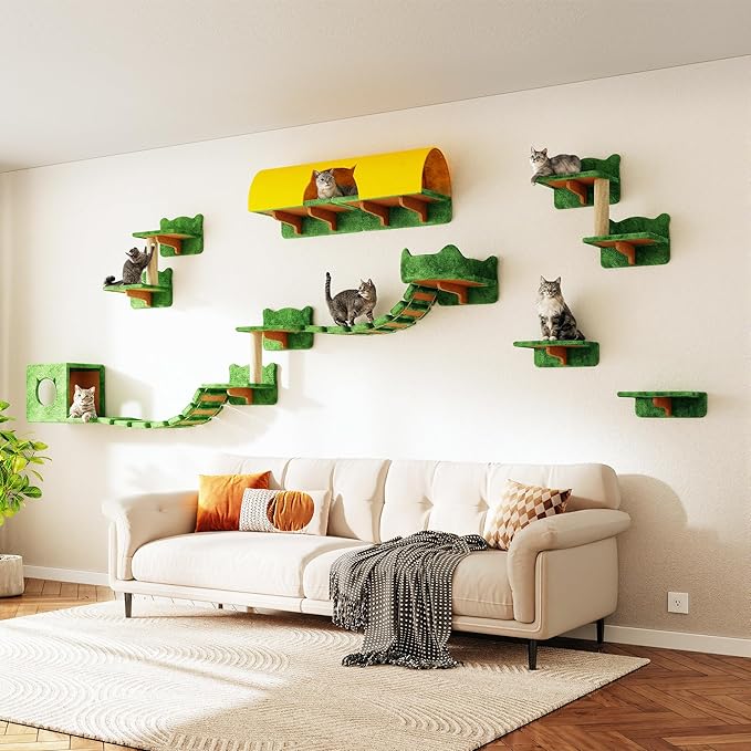 16-in-1 Cat Wall Shelves, Wall Mounted Cats Furniture Set w/Plush Fabric, Cat Climbing Systems, Cats Shelf with 40''L Tunnel, Condos, House, Steps, Bridge Ladder & Scratching Post, Green