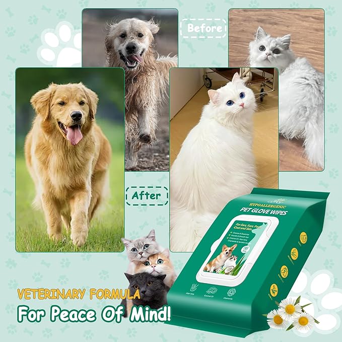 20PCS Pet Cleaning and Deodorizing Grooming Glove Wipes for Dogs and Cats, Extra Thick Nourish Fur No-Rinse Grooming Wipes for Daily Care and Travel, Hypoallergenic
