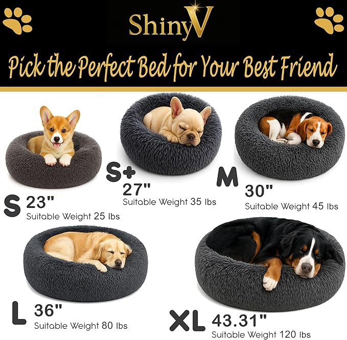 Calming Dog Bed - Fluffy Donut Cuddler for Anxiety Relief, Orthopedic Pet Bed with Non-Slip Bottom, Cozy Round Faux Fur Nest for Dogs and Cats, Plush Crate Mat for Comfort (Dark Grey, Small +)