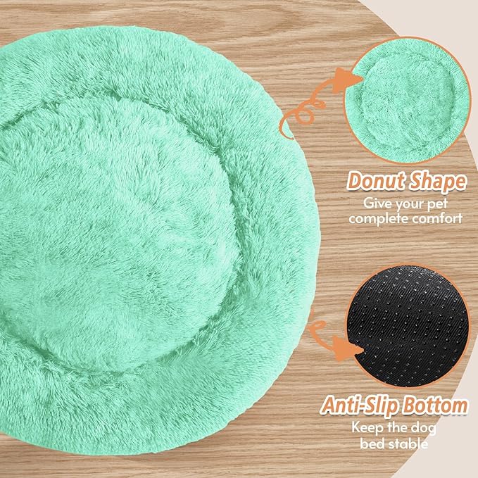JOLLYVOGUE Calming Dog Bed Large Size Dog, Anti-Anxiety Donut Large Pet Bed, 36 inches Fluffy Faux Fur Round Cat Bed, Fits up to 75 lbs Pets (Mint Green)