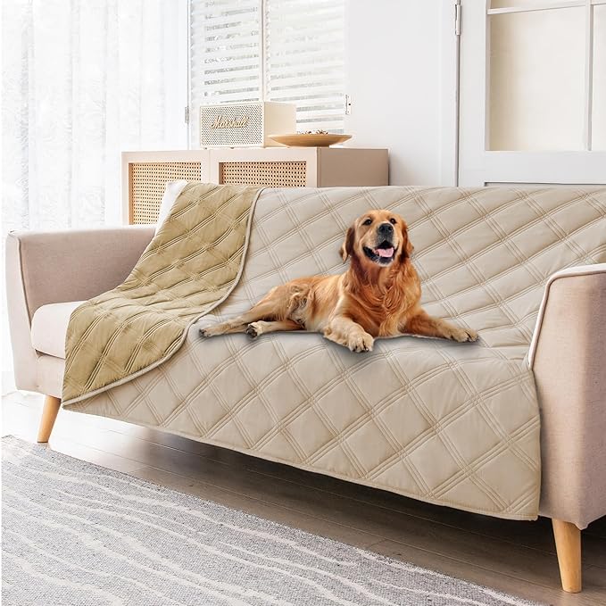 fuguitex Waterproof Dog Blanket Reversible for Small Dogs Resistant Leakproof Washable Couch Cushion Bed Protector Cover for Indoor Furniture Pet Friendly（82"*82",Beige+Taupe