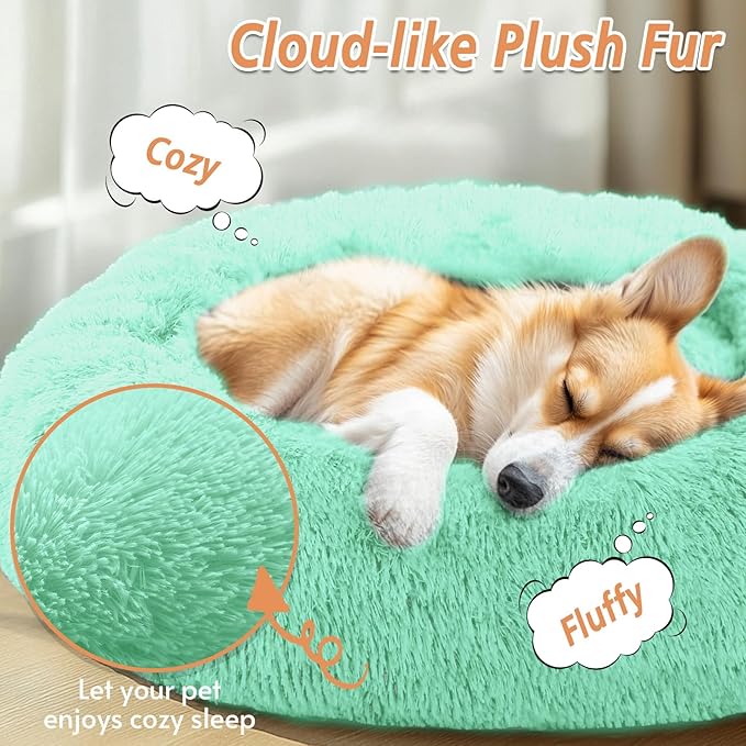 JOLLYVOGUE Calming Dog Bed Medium Size Dog, Anti-Anxiety Donut Medium Pet Bed, 27 inches Fluffy Faux Fur Round Cat Bed (Mint Green)