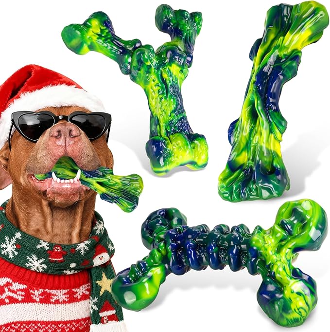 Indestructible Dog Chew Toys for Aggressive Chewers: 3-Pack Peanut Butter Nylon Chew Bones for Medium & Large Dogs 25–80 lbs, Tough Chewable Shapes, Long-Lasting Holiday Dog Gift (Green)