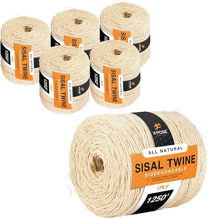 Sisal Twine - 1 Ply 1250 Ft Thin Natural Fiber Rope on Spool - Rope Cat Scratching Post, Rope for Cat Scratcher, Cat Tree Replacement Parts, Pet Toy - Decorative Cordage for Crafts, Pole Wrap 6 Pack