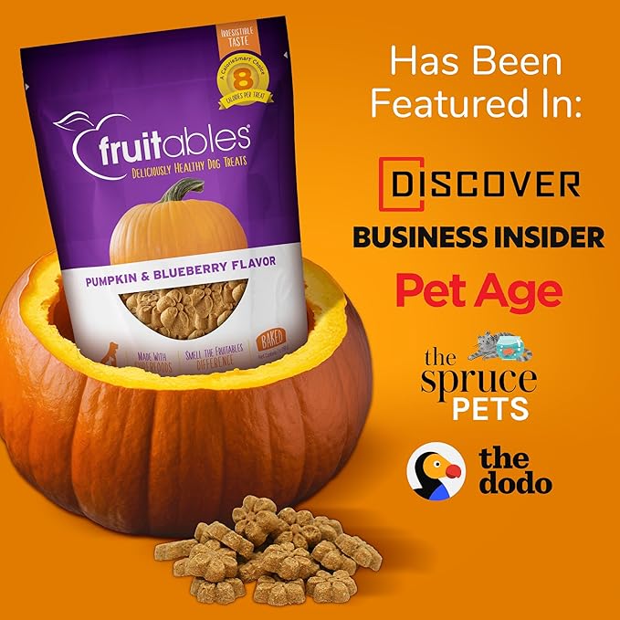 Fruitables Baked Dog Treats, Healthy Pumpkin Snacks for Dogs, Low Calorie & Delicious, No Wheat, Corn or Soy, Puppy Training Treats, Made in the USA, Pumpkin and Cranberry Flavor, 7oz