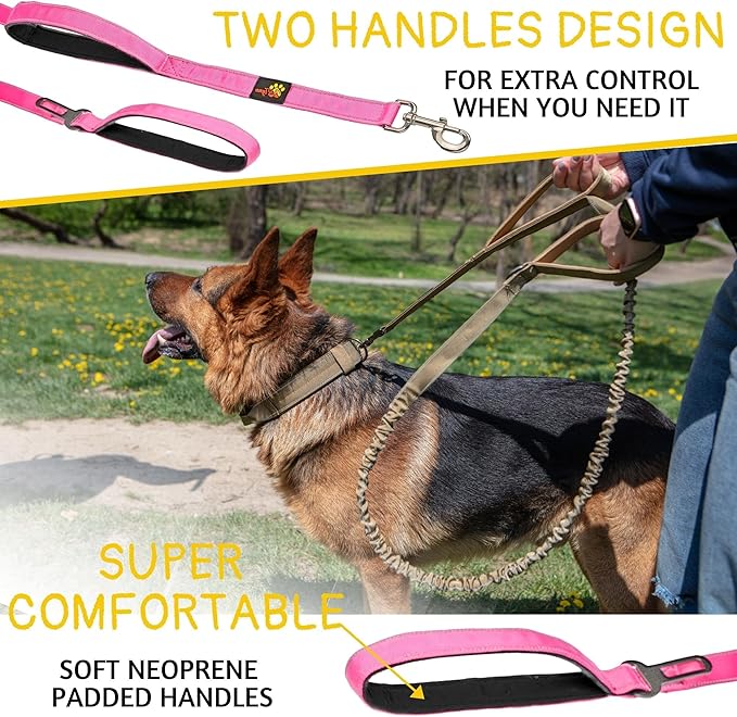 ADITYNA Tactical Bungee Dog Leash 6ft-7.5ft - Shock Absorbing Lead with 2 Padded Handles, Metal Clasp, Car Seatbelt - Heavy Duty No Pull for Medium, Large & XL Breeds