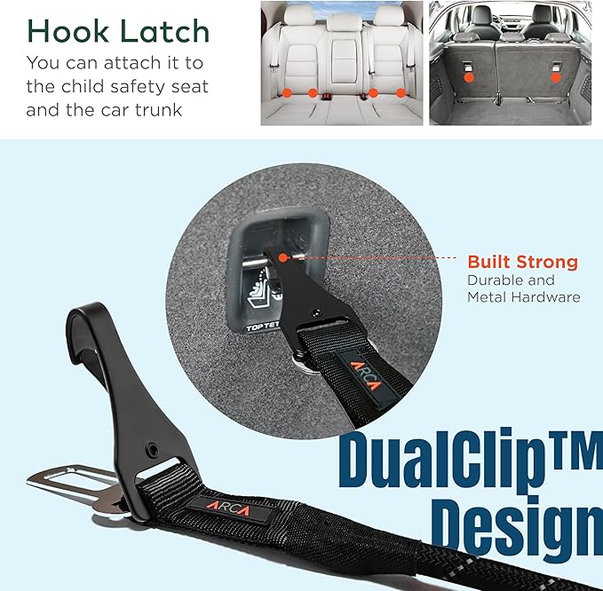 Dog Seat Belt for Car | Universal Dog Car Seatbelt | Durable Reflective Rope with Clip Hook Latch, Buckle and Carabiner- Safe and Secure Pet Safety Restraint (Black)