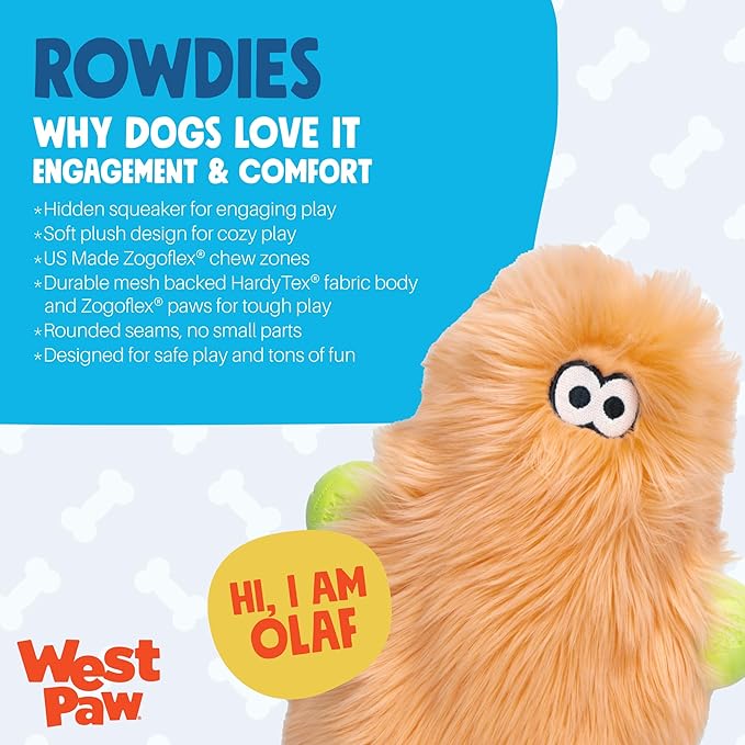 WEST PAW Rowdies Olaf Durable Plush Dog Toy with Reinforced HardyTex Fabric Hand Sewn Seams and Engaging Squeaker for Chewers and Cuddlers - Melon