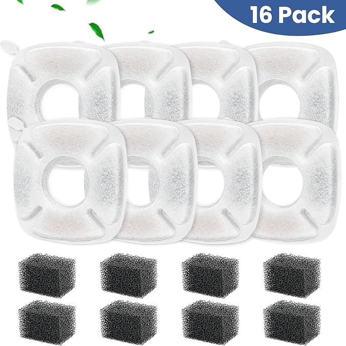 16 Pack Cat Water Fountain Replacement Filters, 8 Pcs Cats Fountain Filters & 8 Pcs Pre-Filter Sponges for 95oz/2.8L 135oz/4L 67oz/2L Automatic Pet Dog Fountain Water Dispenser Filter