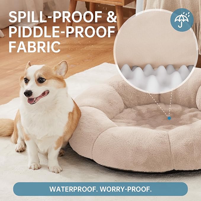 OhGeni 31 inches Calming Donut Orthopedic Dog & Cat Bed for Medium Pets, Warming Comfort Fluffy Short Pile Fur, Durable Waterproof Machine Washable Removable Cover, Cute Round Bed for Puppy, Cream