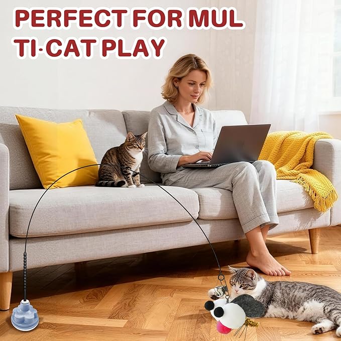 Walfront Cat Toy Wand – Interactive Bug Eye Toy with Bell, Durable Flexible Steel Rod, Blue Suction-Cup Replacement Head, Indoor Exercise & Fun for Kittens & Cats Keeps Pets Active and Stimulated