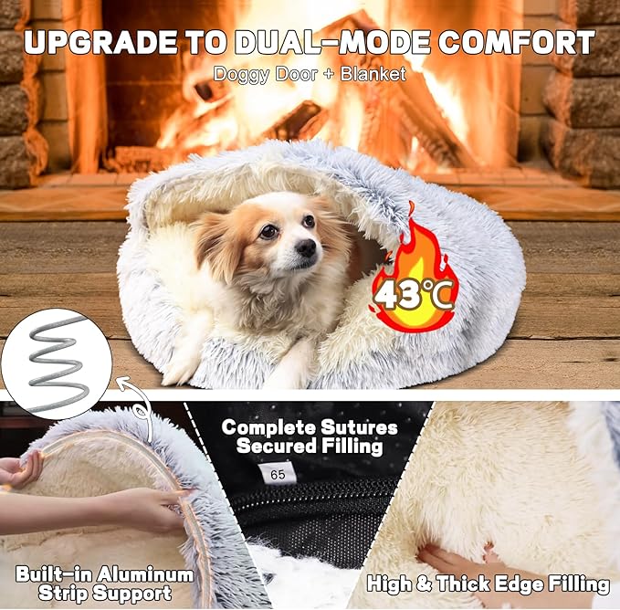 YUDANSI Calming Small Dog Bed & Indoor Cat Bed - Plush Fluffy Hooded Cave Nest, Anti-Slip Self-Warming, Removable Washable Zipper Cover, Built-in No-Collapsing Support (Grey-65cm/26in)