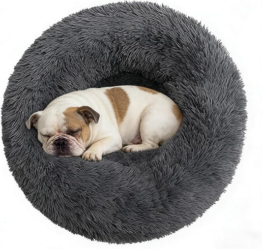 Calming Donut Dog Bed Medium Size Dog - Washable Removable Cover Non-Slip Bottom, Round Pet Bed Cat Bed Warming Fluffy Plush Faux Fur Anti-Anxiety, Fits up to 45 lbs (Dark Grey, 30")
