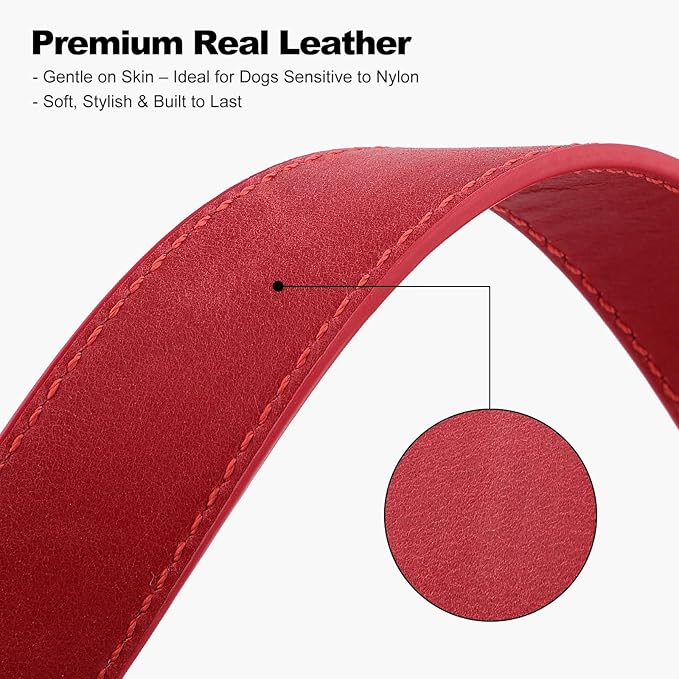 Plutus Pet Genuine Leather Dog Collar – Adjustable Pet Collar with Quick Release Metal Buckle, Soft Real Leather for Small Medium Large Dogs, Heavy Duty & Skin-Friendly (Red, S)