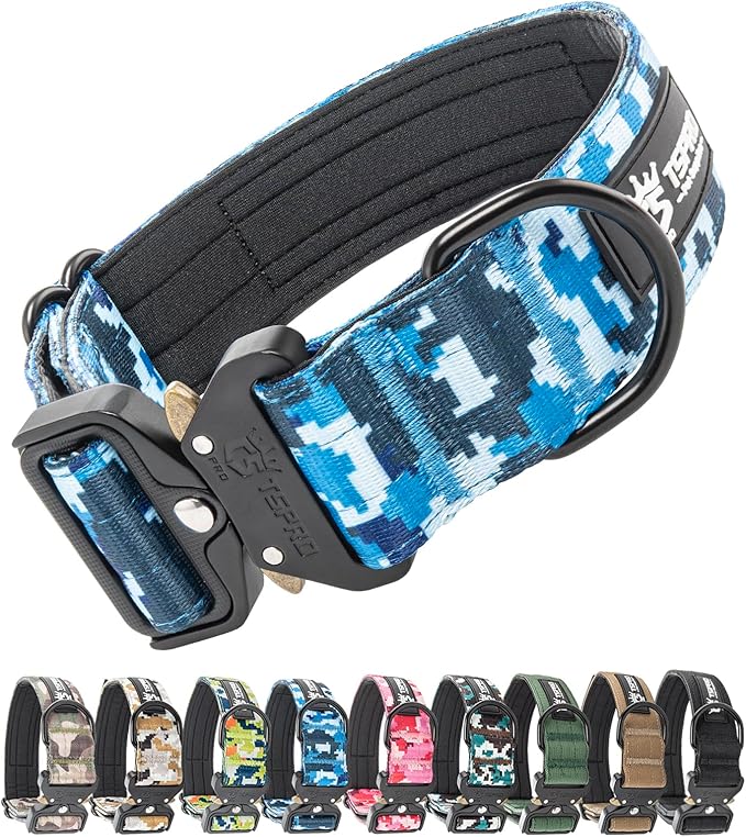 TSPRO Premium Dog Collars Tactical Dog Collar with Patch and Heavy Duty Quick-Release Metal Buckle Durable Thick and Adjustable for Medium to Large Dogs (Camo Blue M)