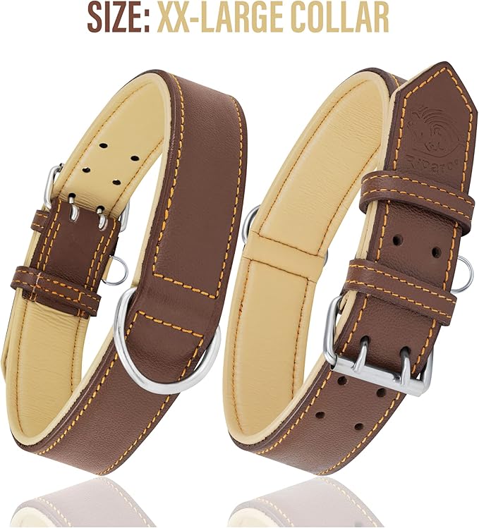 Riparo Brown Leather Dog Collar - Heavy Duty Wide Dog Collar for Small, Medium, Large and Extra Large Dogs with Dog Tag Holder (XL: 1.75" Wide for 21”-25” Neck, Brown)