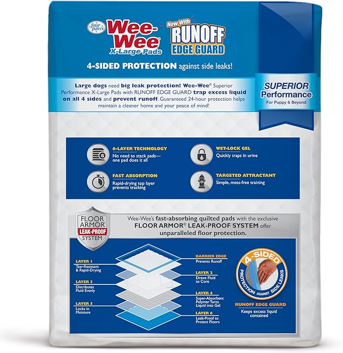 Four Paws Wee-Wee Superior Performance Unscented Extra-Large Pee Pads for Dogs & Puppies, Quilted Leak-Proof Dog Housebreaking Potty Training Floor Protection, 28" x 34", 21 Count