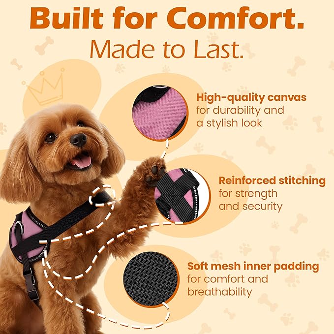 Bark Appeal Light Pink No-Pull Dog Harness for Small to Medium Sized Pets – Adjustable, Reflective Vest with 3 Leash Clips for Added Control, Easy Walks & Training – Medium