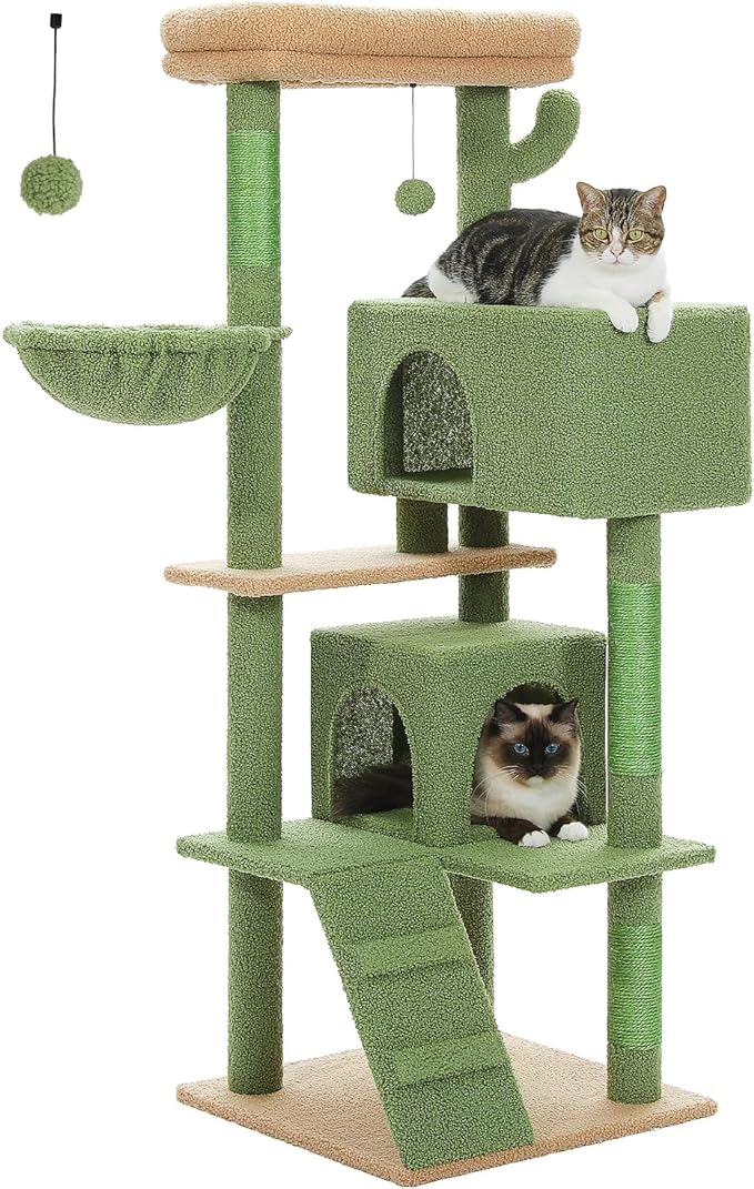 Cactus Cat Tree for Adult Cats with Super Large Top Perch, 56.3" Cat Tower for Cats with Plush Hammock, Dangling Pompom, Cat Scratching Posts and 2 Condos, Green House